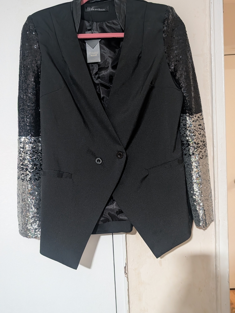 Black Sequin Sleeve Blazer Jacket - Tailored Double-Button